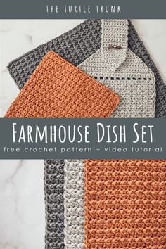 three crocheted ties with the text farmhouse dish set