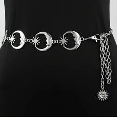 Women's Silver Metal Adjustable Crescent Moon Star Chain Belt. New, No Tag. Hook Closure Stylish & Chic Versatile, Great For Jeans, Pants, Skirts, And Dresses One Size Adjustable Take Advantage Of Our 30% Off 3+ Items Star Chain Belt, Moon Belt, Star Headband, Goblin Core, Skirts And Dresses, Star Chain, Celestial Jewelry, Moon Jewelry, Chain Belt