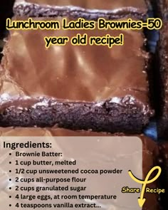 brownies with chocolate icing are stacked on top of each other and labeled in the recipe below