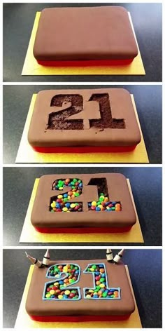 three photos of birthday cakes with the number twenty five on them and chocolate frosting