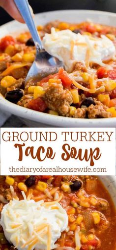 a bowl of ground turkey taco soup with sour cream