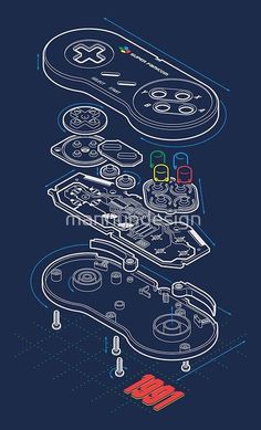 the nintendo wii controller and controllers are depicted in this blueprinted poster, which is also