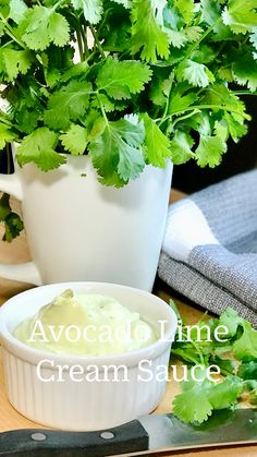 a bowl of cream sauce next to a potted plant on a table with the words avocado lime cream sauce