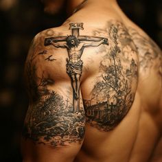 Detailed Christian Tattoos For Men Tattoo Kit Best Christian Tattoos For Men, Strength And Honor Tattoo, Christian Warrior Tattoos For Men, Christian Forearm Tattoo For Men, Christian Shoulder Tattoo For Men, Christian Mens Tattoo, Dark Art Tattoo Mythology, Men’s Scripture Tattoos, Men’s Christian Sleeve Tattoo