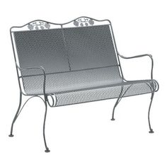 a metal bench with two chairs sitting on it's back legs and armrests