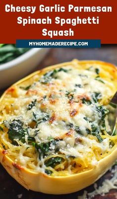 cheesey garlic parmesan spinach spaghetti squash is an easy and healthy dinner