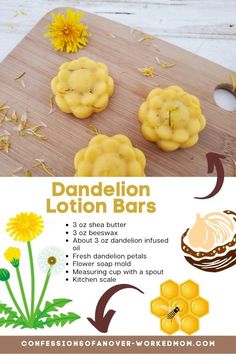 Dandelion Lotion, Dandelion Infused Oil, Solid Lotion Bar Recipe, Make Lotion Bars, Lotion Bar Recipe, Make Lotion, Diy Natural Beauty Recipes, Dandelion Oil, Lotion Bars Diy