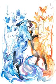 Image of BrosOriginal painting by Luqman Reza Mulyono (Jongkie)  entitled "BROS". This painting painted on 17 January 2016. Tattoo Wolf, Trendy Tattoo, Fox Art, Mythical Creatures Art, Arte Fantasy, 판타지 아트, Cute Animal Drawings