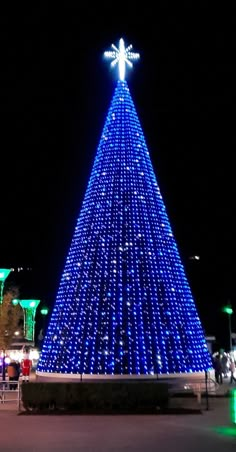 a large christmas tree lit up with blue lights