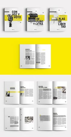 an open book with yellow and white pages on the front, back and side views