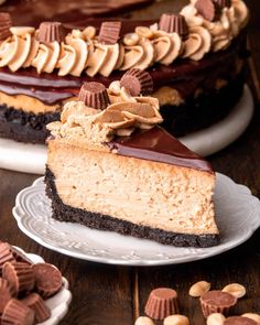 a slice of peanut butter and chocolate cheesecake on a plate