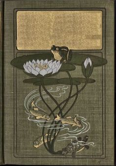 an old book with water lilies and fish on it