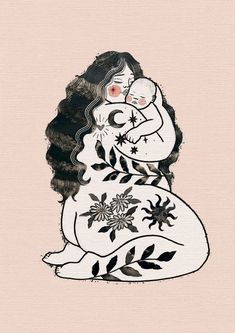 a drawing of a woman holding a baby in her arms with flowers on the side