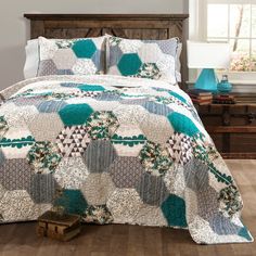 3-pc set includes: 1 Quilt, 2 Pillow Shams. Animal Print. 100% Cotton. Lush Decor Turquoise Patchwork Reversible King Quilt Cotton with (Fill) in Blue | C37874P15-000 Neutral Bedding Sets, Turquoise Quilt, King Quilt Sets, Neutral Bedding, Lush Decor, Patchwork Patterns, King Quilt, Reversible Quilt, Quilt Set