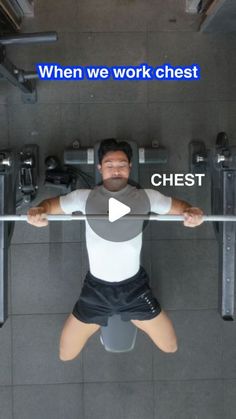 a man is doing squats on a bench with the words when we work chest