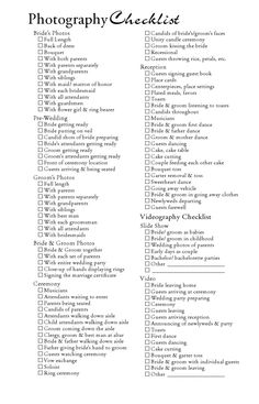 the photography checklist is shown in black and white