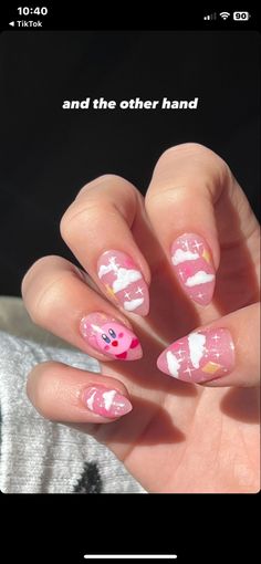 Cute Kirby Nails, Kiki And Lala Nails, Kirby Themed Nails, Cutesy Nails Acrylic, Princess Peach Inspired Nails, Kirby Nail Design, Pink Anime Nails, Manga Nail Art