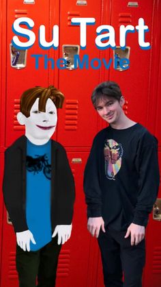 two young men standing in front of lockers with the words su tart on them