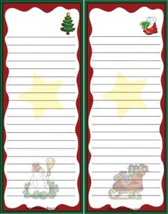 two lined paper with christmas themed designs on them, one is red and the other is green