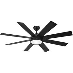 a black ceiling fan with four blades on it's face and light at the bottom