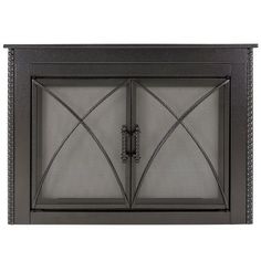 an outdoor fireplace screen with two doors on the front and one door open to reveal a decorative design