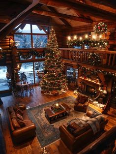 a living room filled with furniture and a christmas tree in the middle of the room