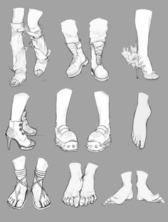 the legs and feet of various people with different types of shoes, all in black and white