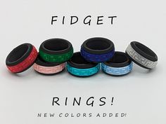 3D Printed plastic  Fidget Rings for kids or adults!  They are great for anxiety or to keep your fingers busy  when you're sitting around.  These rings are available in 3 styles and 7 different color options.   If you would like a custom color combination, please message me.  Rings are 10MM high and diameter varies by ring size selected (see dimensions photo). They are made to order based on the US ring size and color combination you select.   Select your desired colors in the personalization box below.  Primary Color is the Outer Ring / Secondary Color is the middle (spinny) section.  Please see the colour options photo.  Available options as pictured are :  Outer Ring - Black or Silver Inner Ring - Ruby Red, Emerald Green, Silky Pink, Silky Teal, Sapphire Blue, Silky Blue, Translucent Cl Rings For Kids, Ring Storage, Teal Sapphire, Ring Ruby, Fidget Rings, Spinner Ring, Ring Black, Spinner Rings, Line Patterns