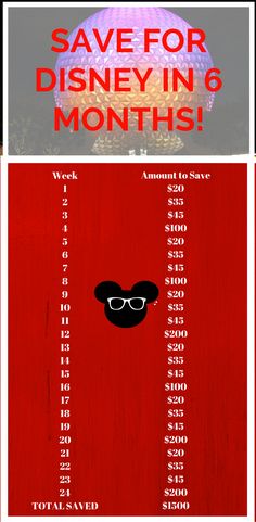 a red poster with the words save for disney in 6 months, and an image of glasses