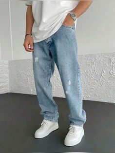 Outfits Oversize, Ripped Straight Leg Jeans, Outfit Hombre, Outfit Oversize, Straight Leg Jeans Men, Men's Robes, Mens Fashion Casual Outfits