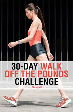 a woman running with the words 30 - day walk off the pounds challenge