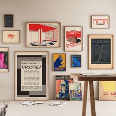 a cat sitting on a table in front of a bunch of framed pictures and posters