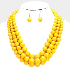 Pearl (faux) Yellow Triple Strand Necklace & Earring Set by SP Sophia Collection Evening Necklace, Chunky Statement Necklace, Pearl Necklace Set, Beaded Pendant Necklace, Beaded Statement Necklace, Engagement Bands, Faux Pearl Necklace, Gold Tone Necklace, Multi Strand Necklace