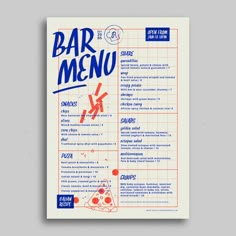 a menu with blue and red writing on it