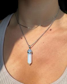 -Silver plated opalite pendant -Silver plated chain- tarnish resistant -Offered in multiple lengths Spiritual Silver Opal Necklace, White Stainless Steel Necklace With Silver Chain, Silver Moonstone Crystal Pendant Necklace, Silver Moonstone Crystal Necklace, White Stainless Steel Jewelry With Silver Chain, Silver Crystal Pendant Necklace With Silver Chain, Nickel-free White Moonstone Necklace, White Opal Spiritual Necklace, Silver Opal Minimalist Necklace