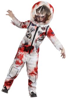 a young child dressed in an astronaut suit with blood all over the body and head