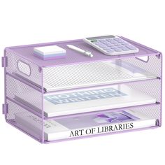 a purple desk with three drawers and a calculator on top that says art of librarians