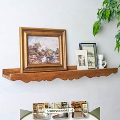 Daphne Wood Scalloped Picture Ledge Shallow Floating Shelf, Wall Shelf As Nightstand, Bedroom Wood Projects, Grandmillenial Floating Shelves, Living Room Wall With Shelves, Floating Shelf Above Bathroom Sink, Shelf Above Picture, Shelves With Brackets Living Room, Mirror And Shelves Above Changing Table