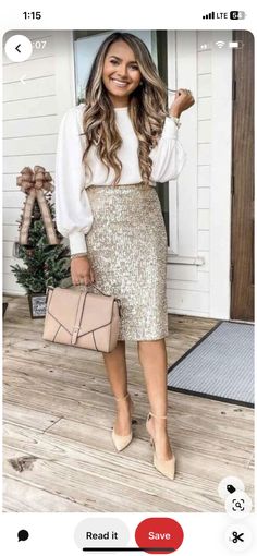 Holiday Dressy Outfits, Caramel Skirt Outfit, Christmas Sequin Outfit, Cream Christmas Outfits, Semi Casual Christmas Party Outfit, Sequin Pencil Skirt Outfit, Sequin Skirt Outfit Parties, Sequence Skirt Outfit