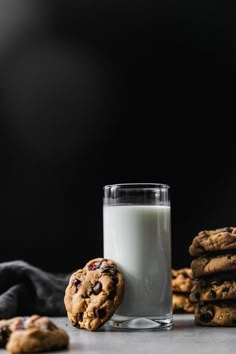 chocolate chip cookies and milk on a table