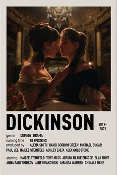 two women kissing each other in front of a poster for the movie dickinson