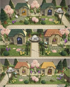 several different views of a small dog house in the middle of a yard with trees and flowers