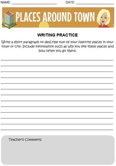 the writing practice worksheet for children to learn about places around town