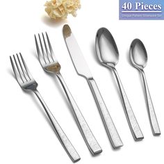 four forks, two spoons and one knife are shown with the words 40 pieces on it