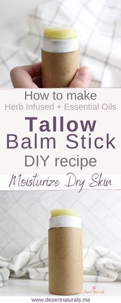 collage of homemade beef tallow stick from a diy recipe that is herb infused and has essential oils to moisturize dry skin Homemade Tallow, Easy Diy Lotion, Diy Lotion Recipe, Tallow Recipe, Room Spray Recipe, Tallow Balm, Homemade Skincare, Stick Diy, Natural Body Lotion