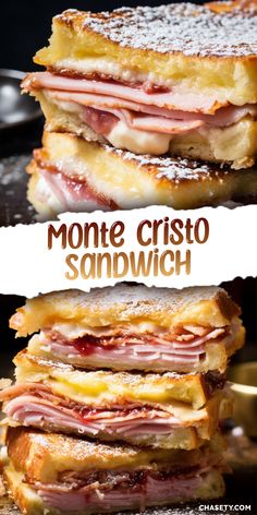 some sandwiches stacked on top of each other with the words monte cristo sandwich below