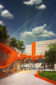 an artist's rendering of the exterior of a building with orange ribbons hanging from it