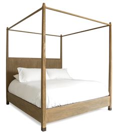 a four poster bed with white sheets and pillows on it's headboard, against a white background