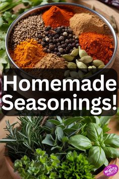 Bowl of colorful spices and herbs with fresh herbs in wooden bowl for making homemade seasonings and spice blends All Purpose Seasoning Recipe, Essential Seasonings, Dry Spices, Curry Spice, Cajun Spice, Homemade Mixes, Italian Spices