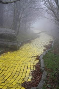 an image of a yellow brick road in the fog